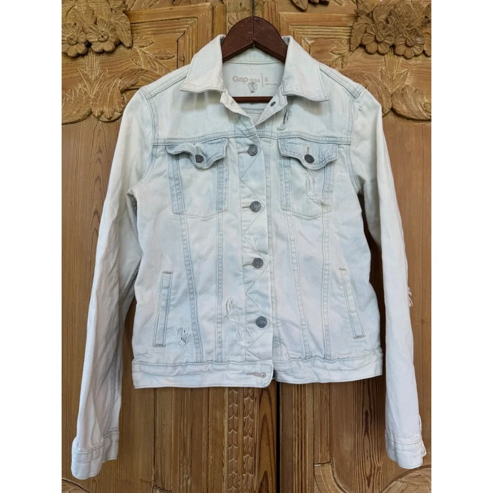 Upcycled‎ Light Blue Denim Jacket Sacred Heart Madonna Folk Art Boho Small